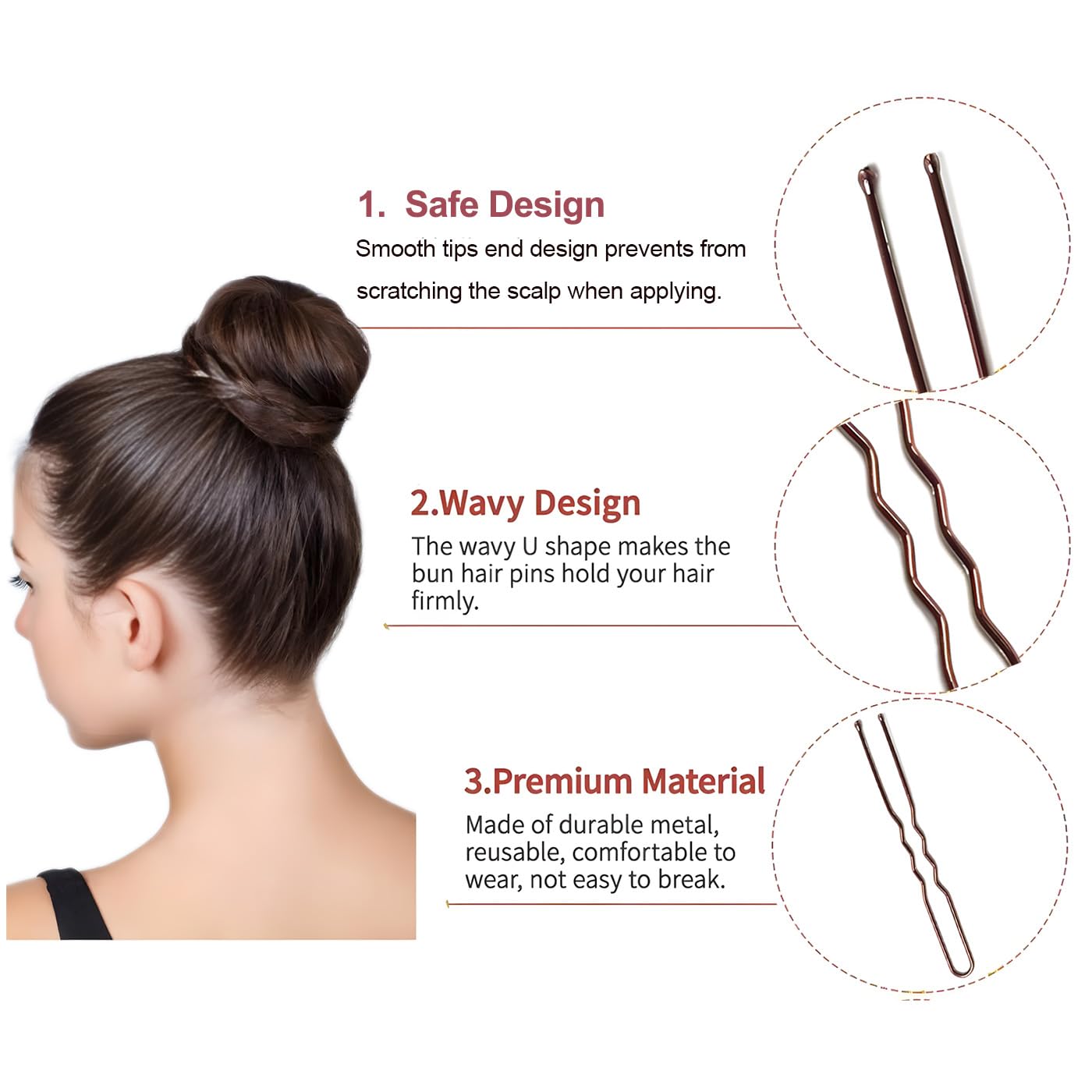 BEoffer U shaped pins securing a bun with a discreet secure hold benefit