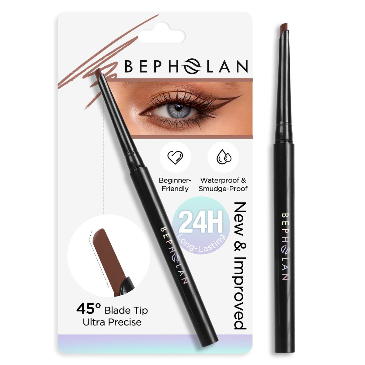 BEPHOLAN brown eyeliner front packaging showing product and cap for purchase clarity