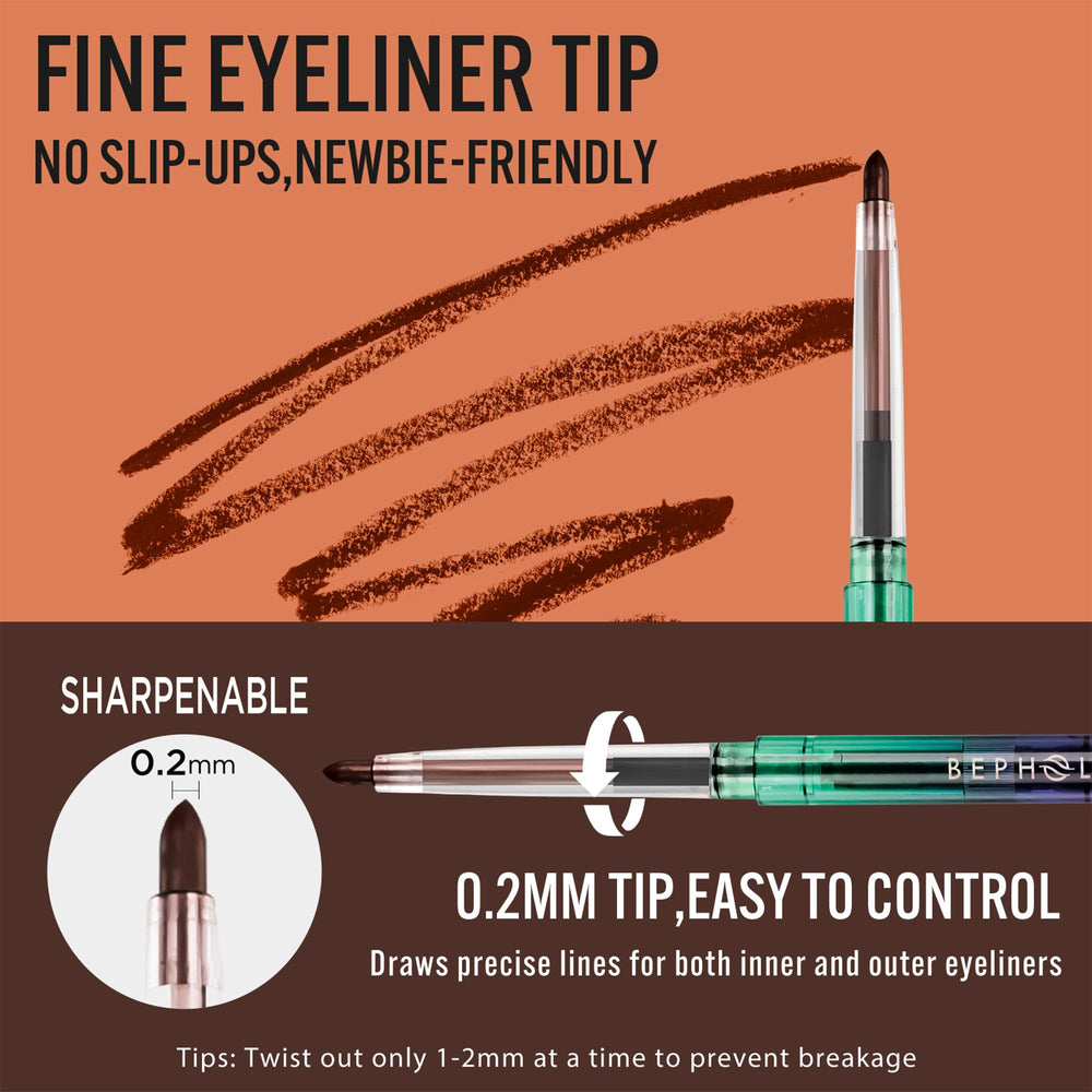 BEPHOLAN brown eyeliner built-in sharpener detail for quick on-the-go touchups