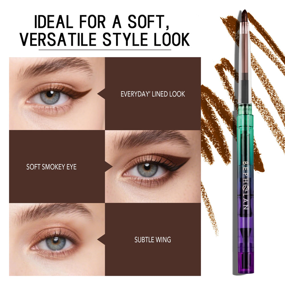 BEPHOLAN brown eyeliner held in hand to show compact, travel-friendly scale