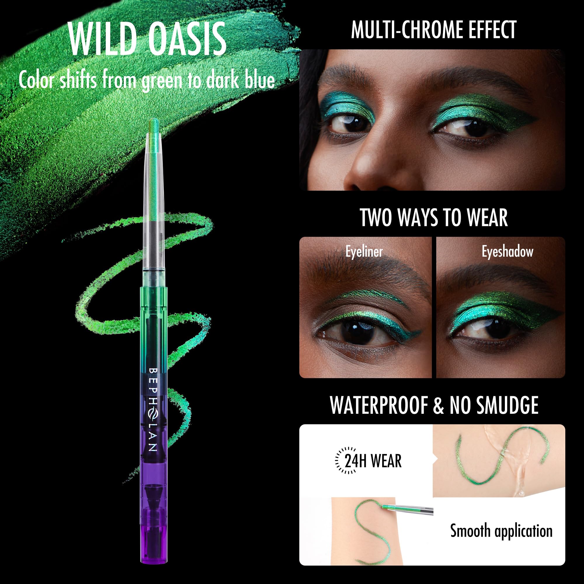 BEPHOLAN smudged smoky-eye look with metallic green, offers blended depth
