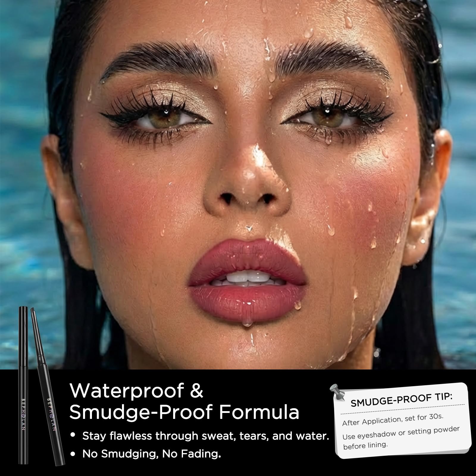 BEPHOLAN used in winged-eye makeup showing sharp, defined outer corner