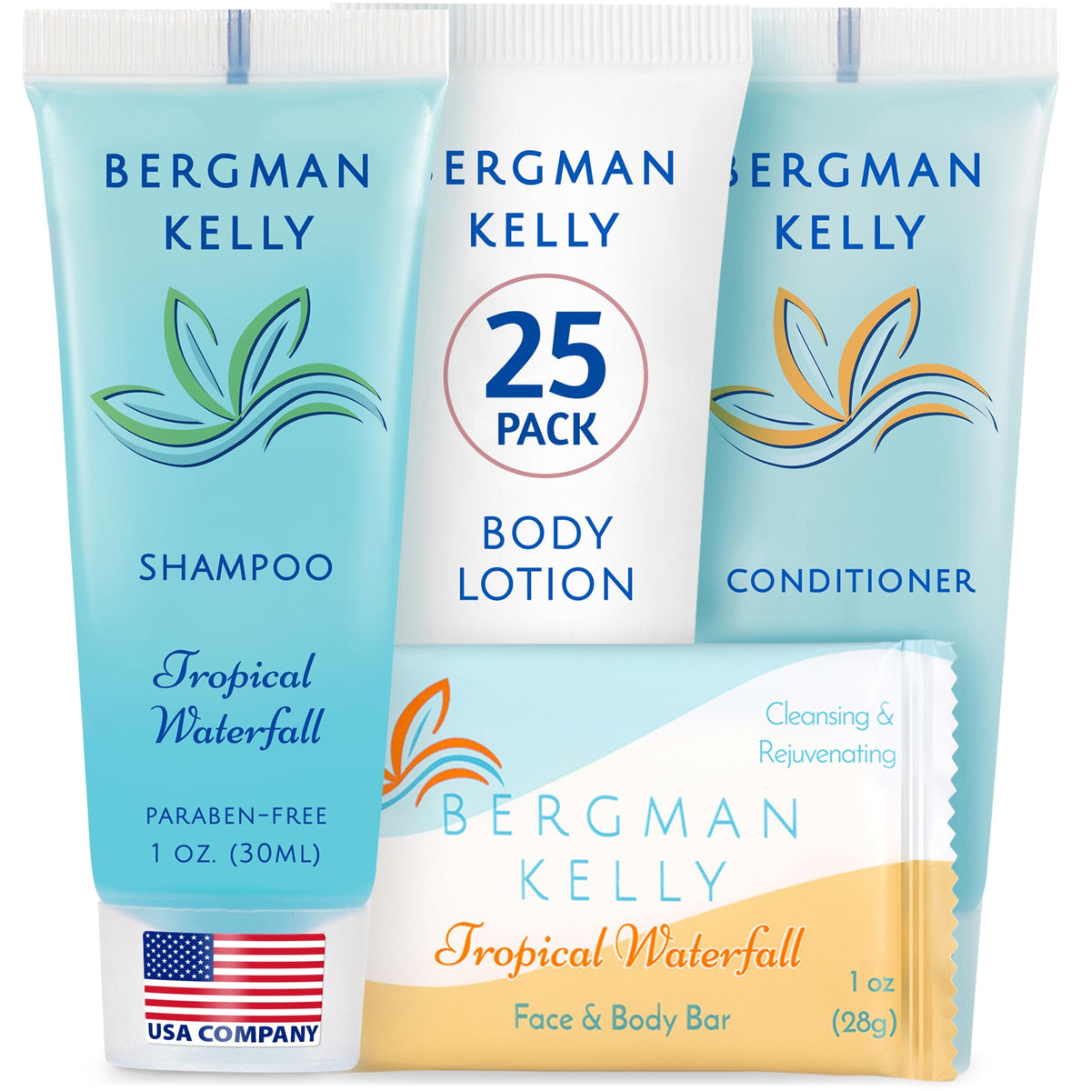 BERGMAN KELLY front packaging showing vibrant Tropical Waterfall scent and contents benefit convenience