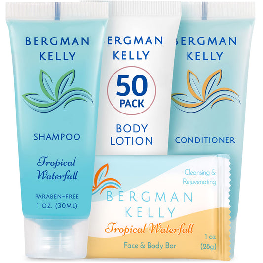 BERGMAN KELLY front packaging showing tropical waterfall scent and full set benefit