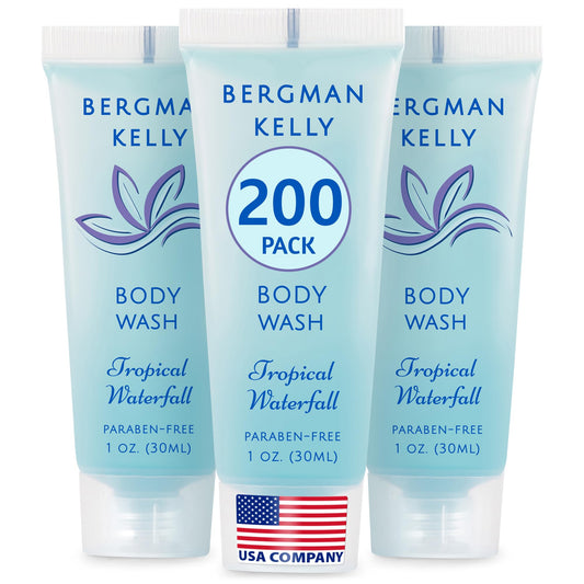 BERGMAN KELLY front packaging showing tropical waterfall scent and compact bottle benefit