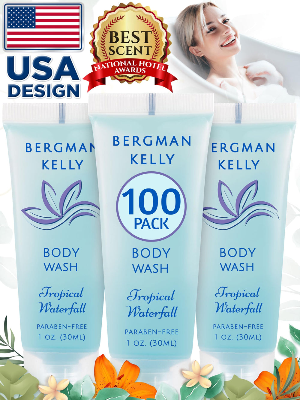 BERGMAN KELLY bottle on guest vanity lifestyle setting communicating premium welcome experience