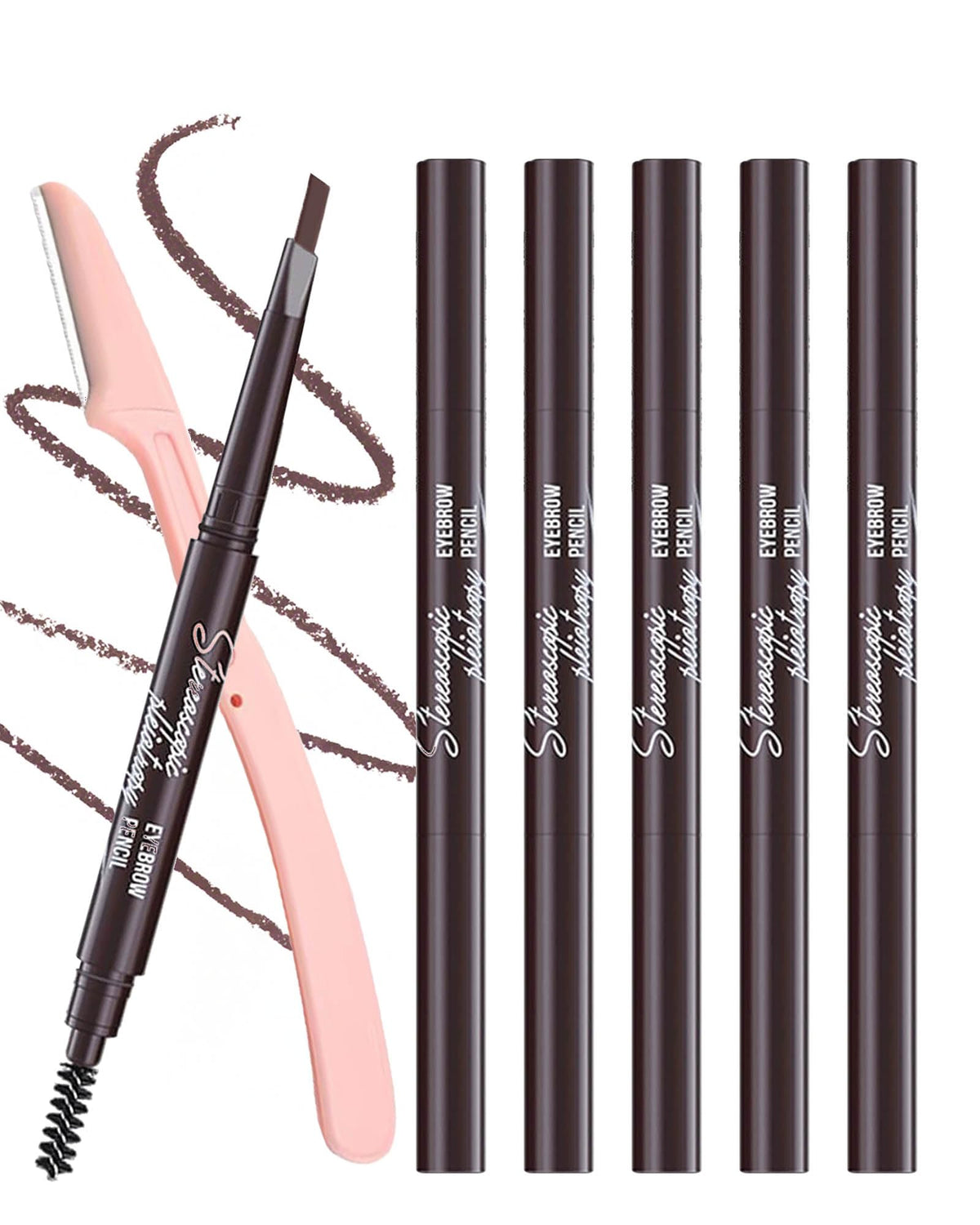 Berinist front packaging showing six dark brown eyebrow pencils and razor for versatile grooming