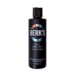 Berk's bottle front label showing active ingredients and flake control benefit