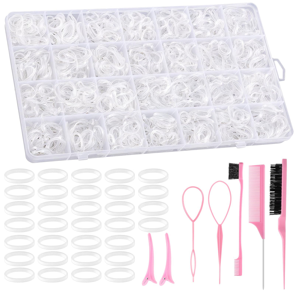 BESARME front packaging showing 1500 clear bands and included tools for organized storage