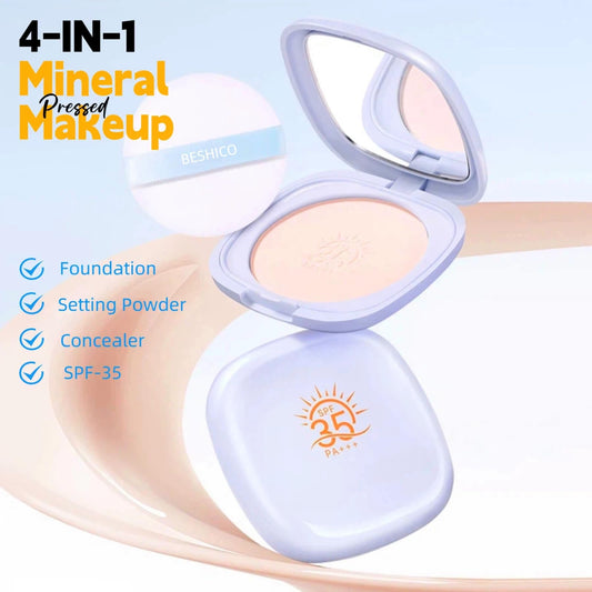 BESHICO pressed powder texture close-up revealing fine mineral finish for smooth skin