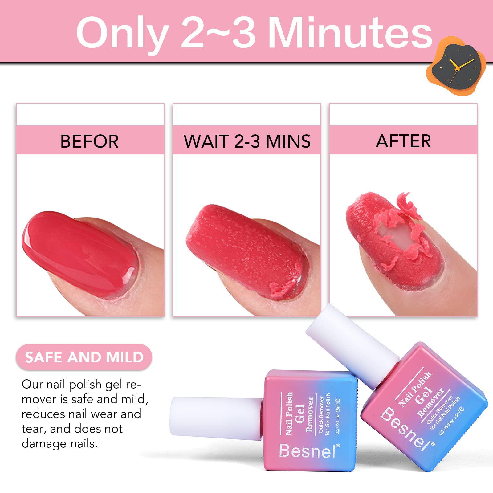 BESNEL brush applying gel remover to fingernail for quick polish lift and reduced soaking