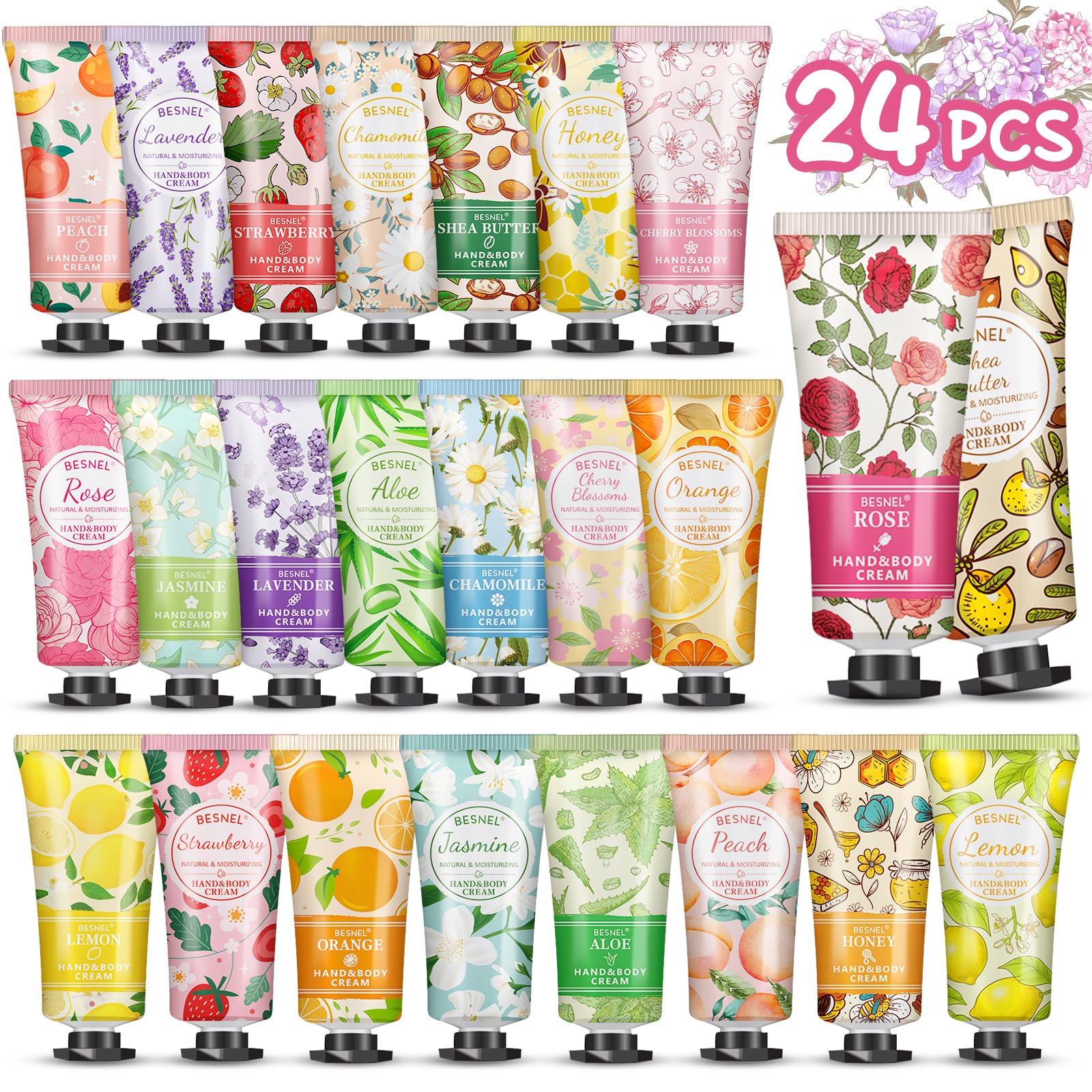 BESNEL front packaging showing 24 mini hand cream tubes, convenient gifting