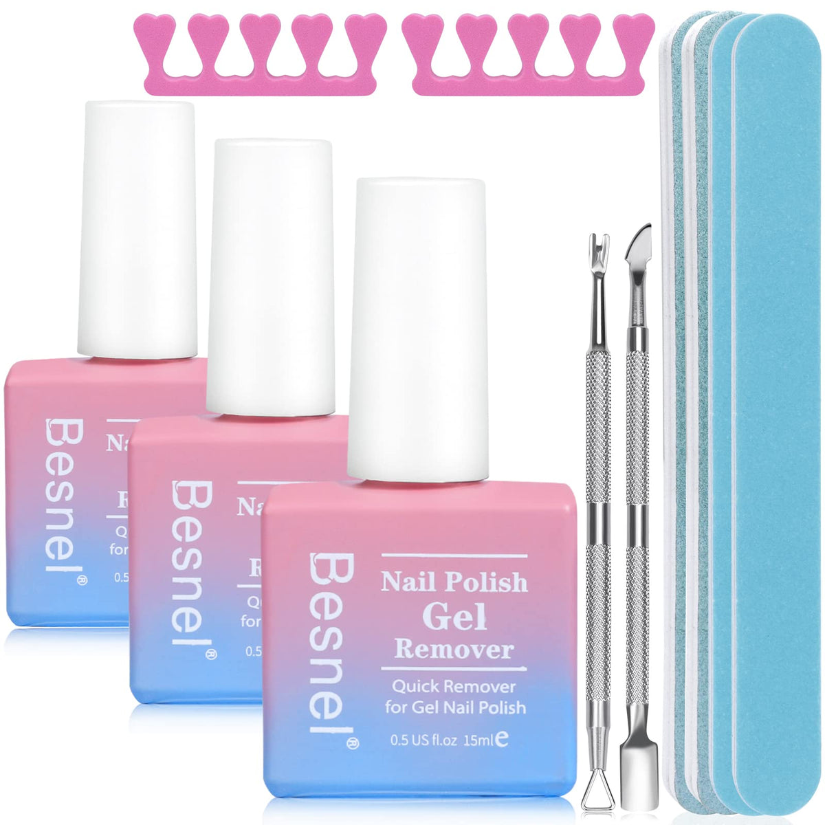 BESNEL front packaging showing three gel remover bottles and included tools for fast removal