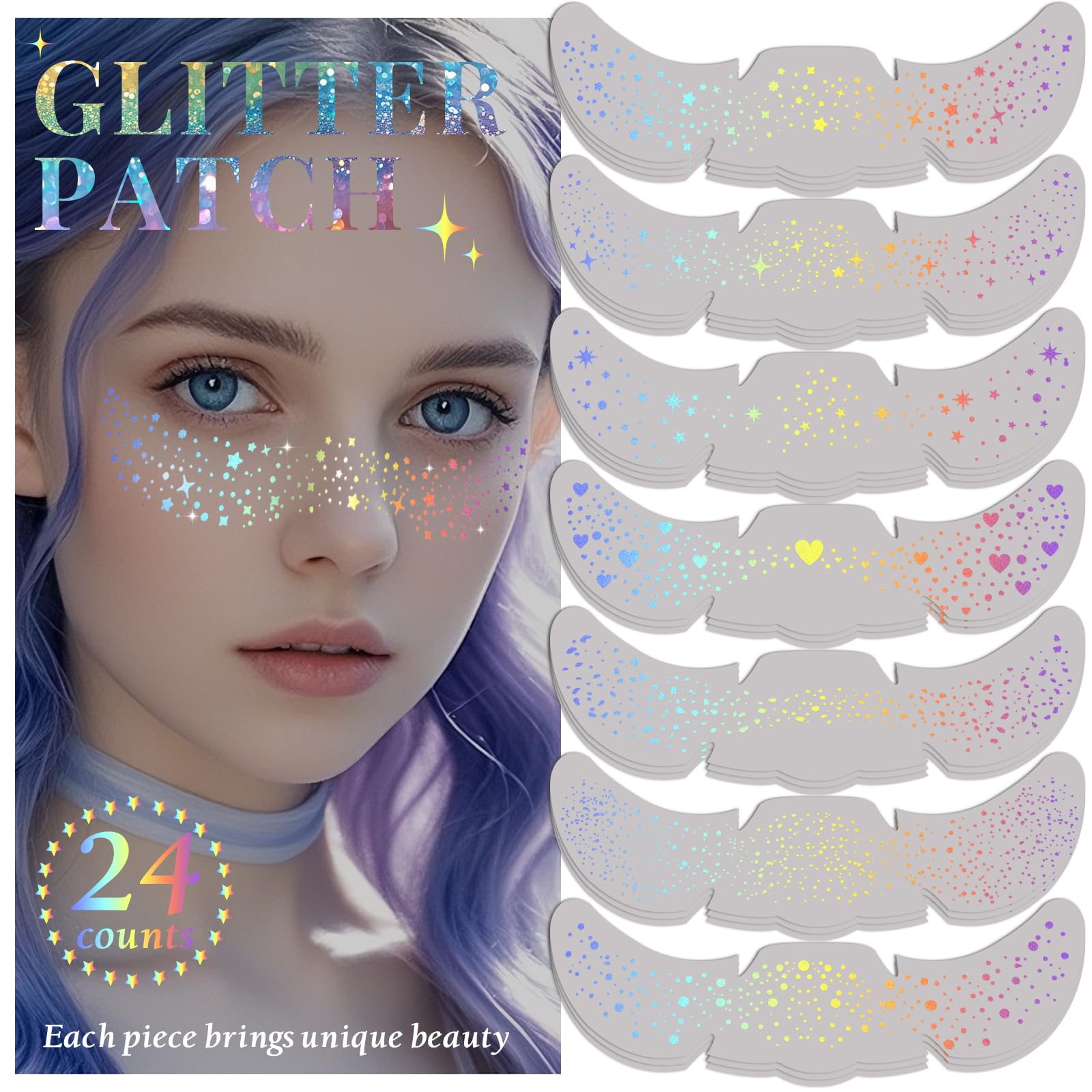 BESNEL front packaging showing 24 glitter freckle patches, easy festival glam