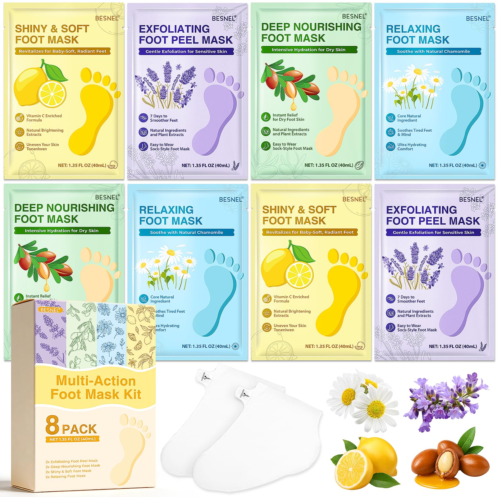 BESNEL front packaging showing eight foot mask sachets and branding benefits