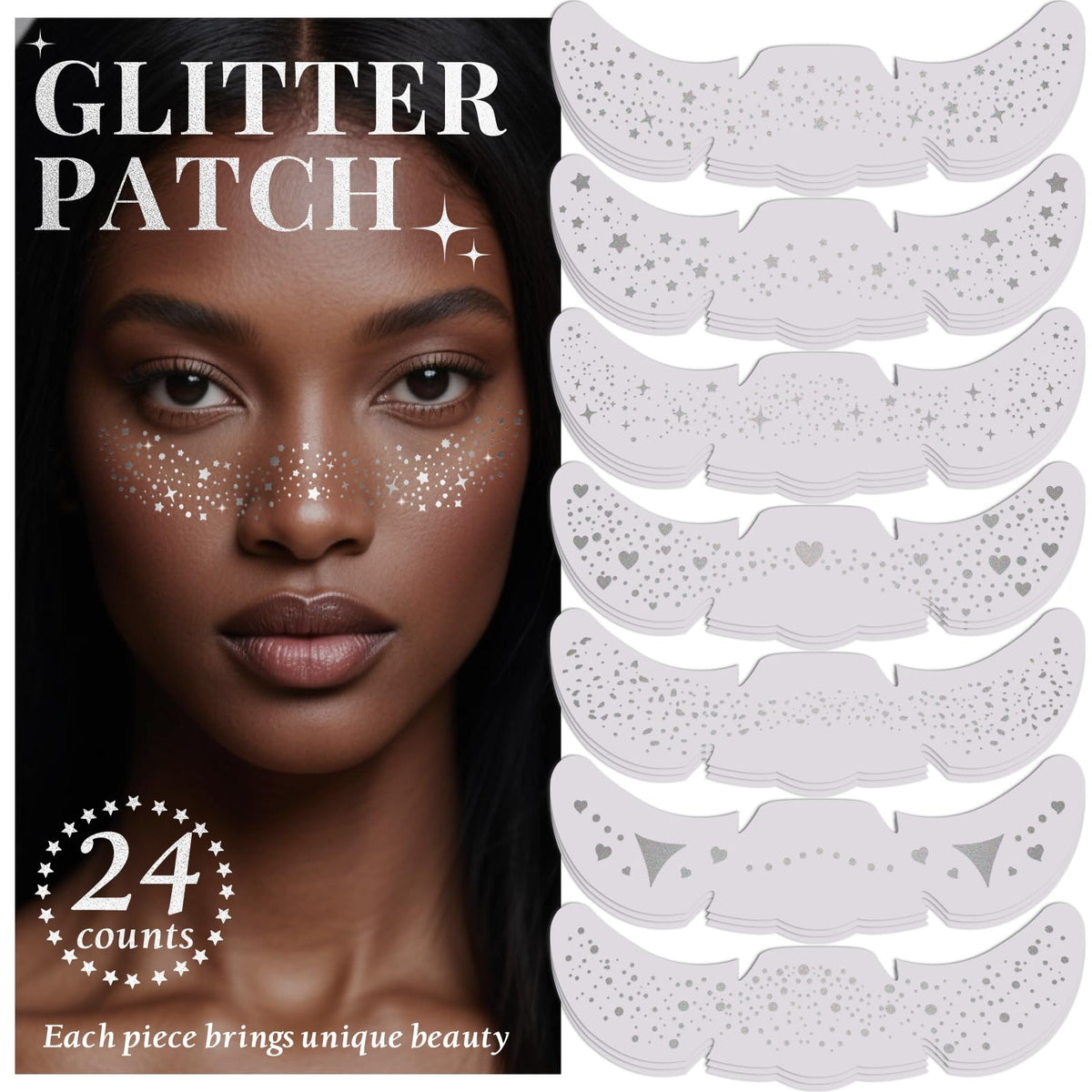 BESNEL front packaging showing 24 glitter freckle patches and patterns for easy selection
