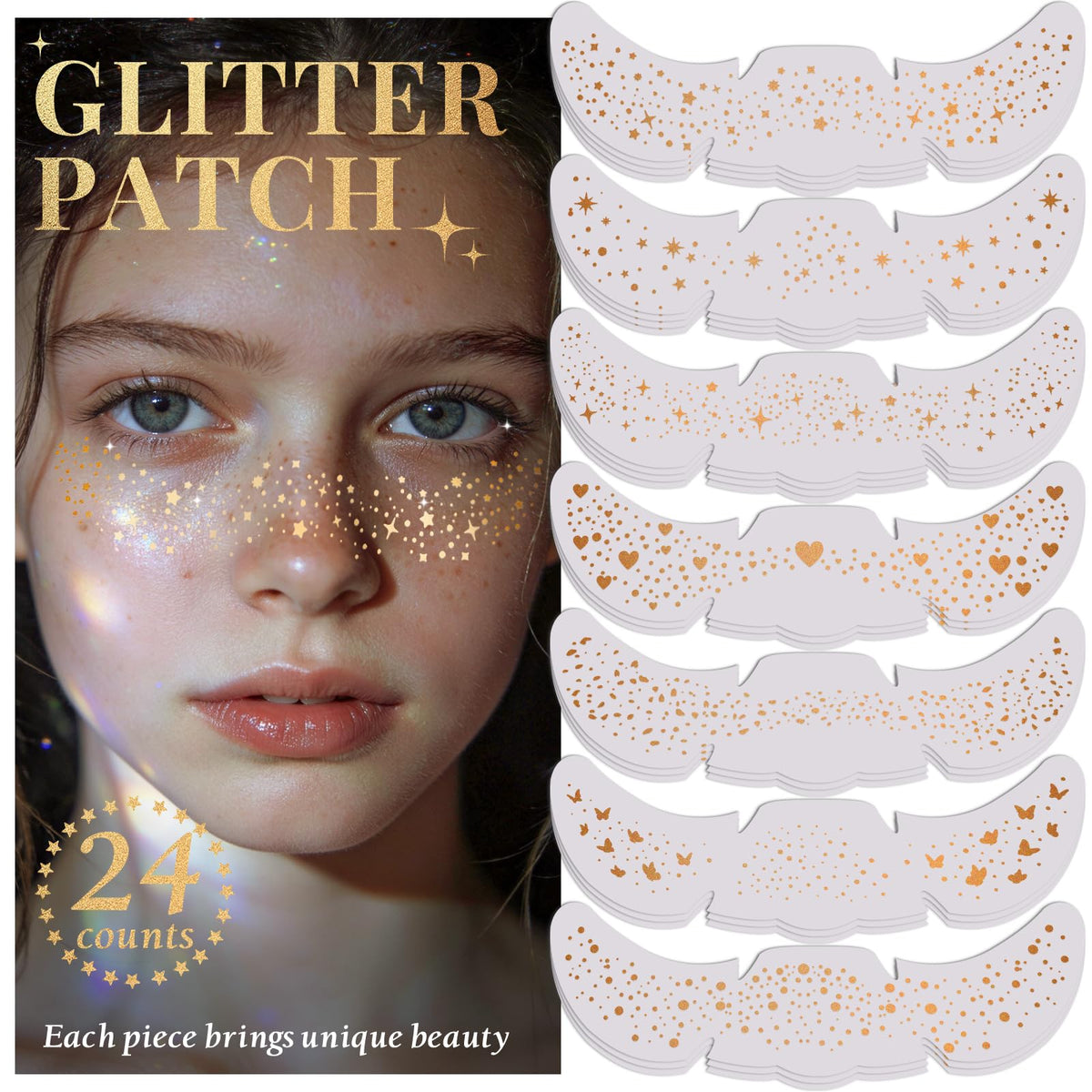 BESNEL front packaging showing 24 glitter freckle patches and key benefits