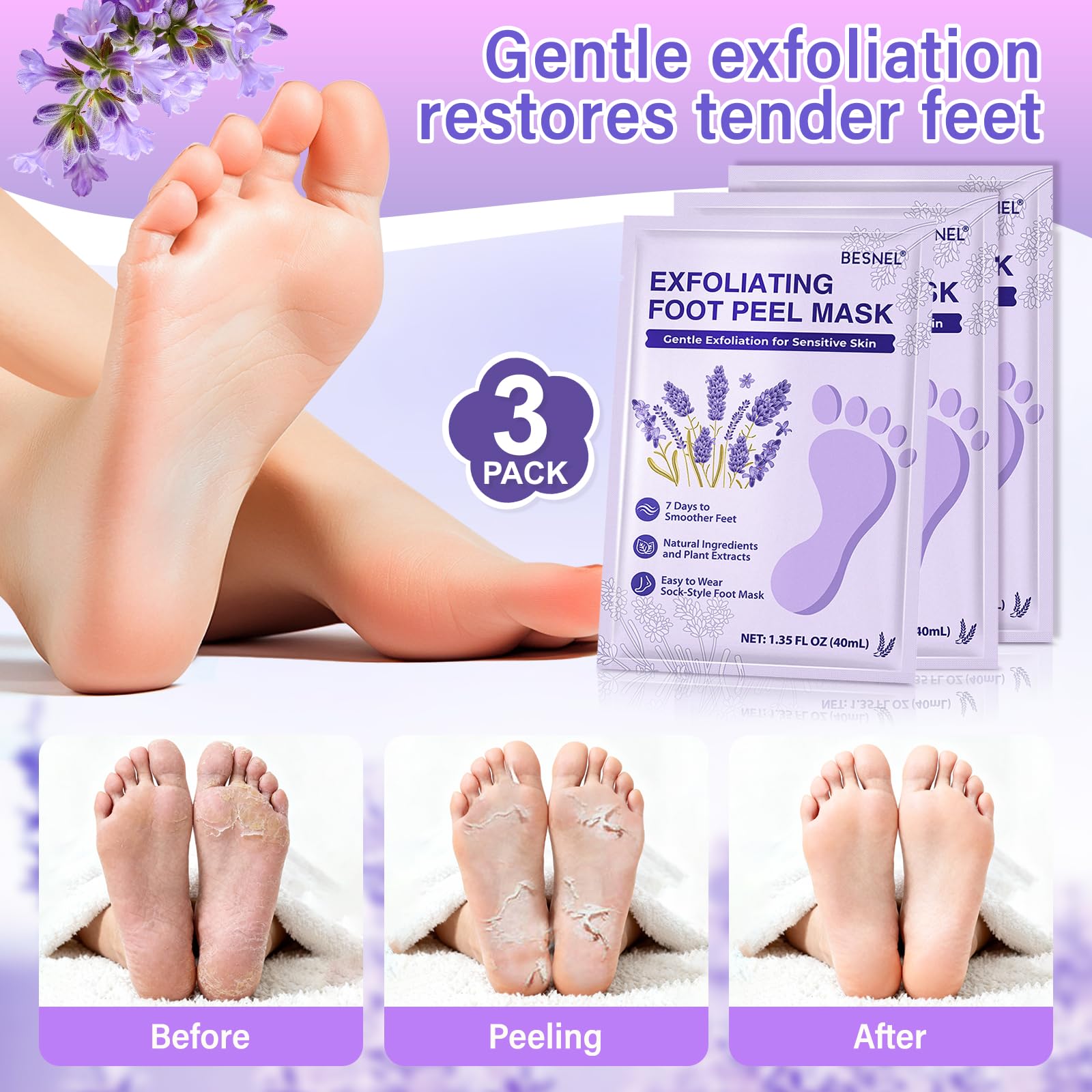 BESNEL close-up of peeling sock interior showing membrane and soothing formula benefit