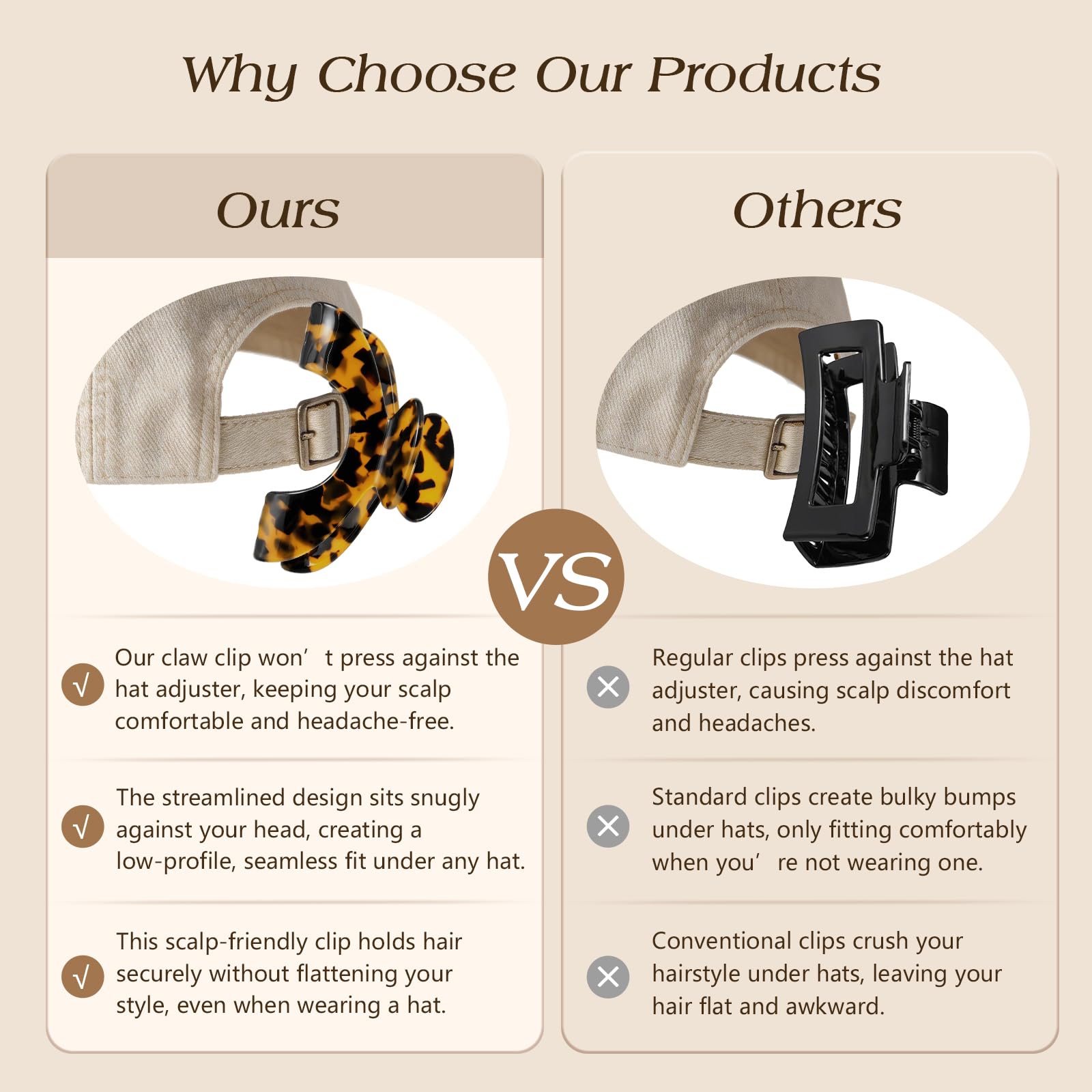 Bessrung clip securing hair to a baseball cap for stable hat fit