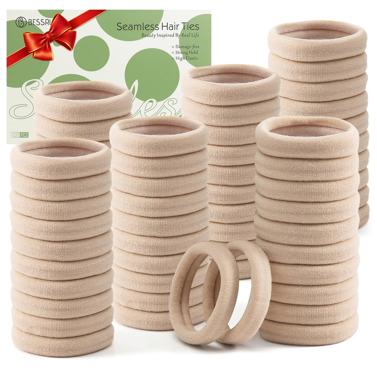 Bessrung front packaging showing 100 beige hair ties and clean storage benefit