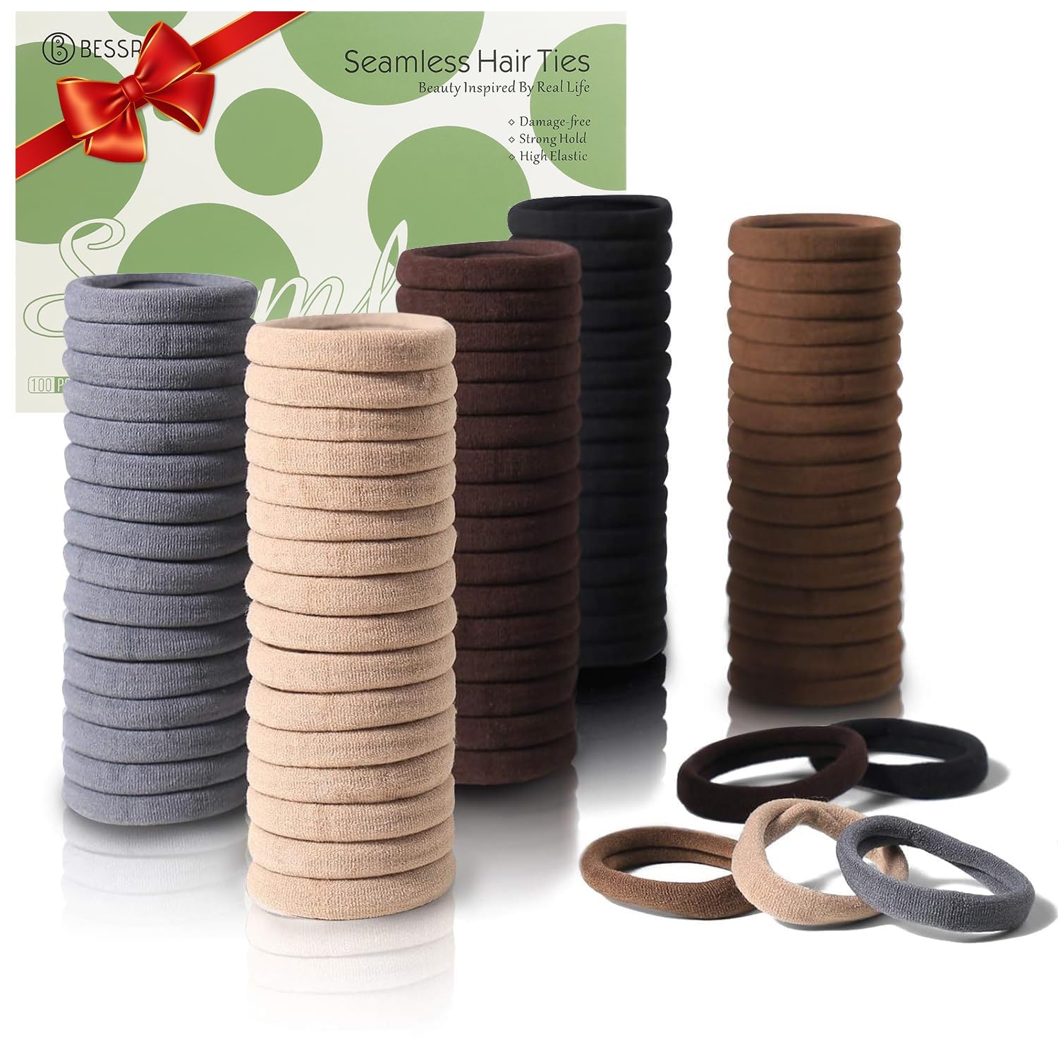 Bessrung front pack showing 100 brown hair ties and value