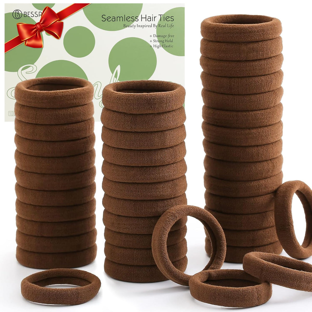 Bessrung front packaging showing 100 dark brown hair ties and value pack