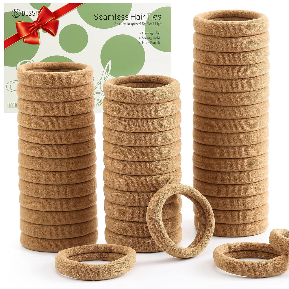 bessrung front packaging showing 100 light brown hair ties and value pack benefit