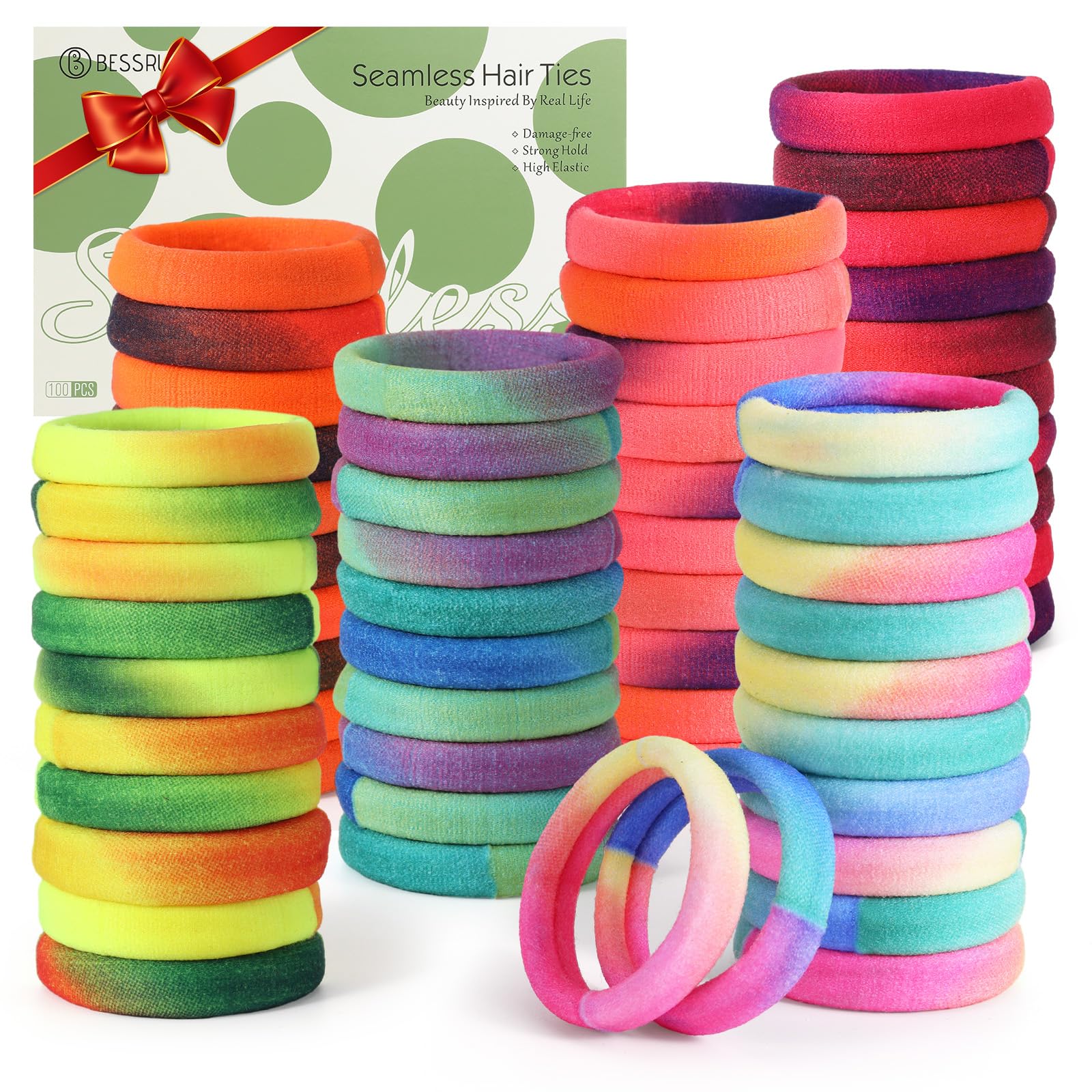Bessrung front packaging showing 100 rainbow hair ties and value pack benefit