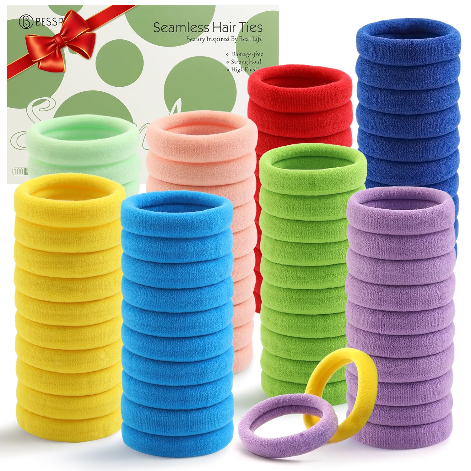 Bessrung front packaging showing 100-piece colorful hair ties and value