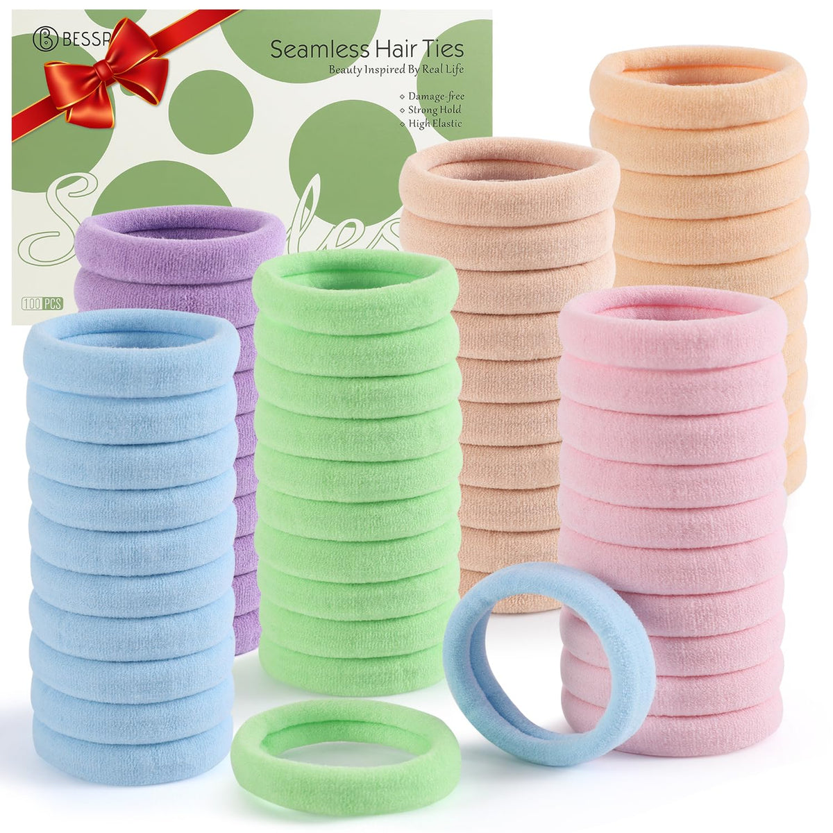 Bessrung front packaging showing 100 candy color hair ties and value pack benefit