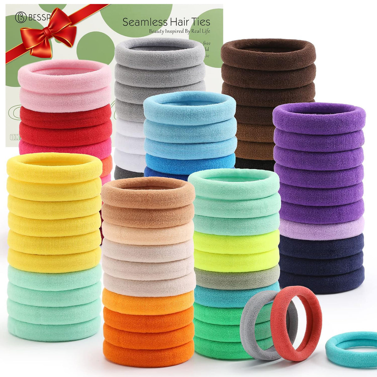 Bessrung front packaging showing 100-piece multicolor hair ties and benefits