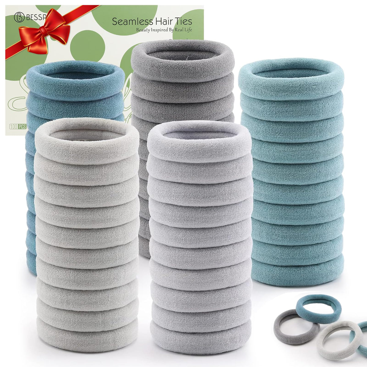 Bessrung front packaging showing 100 seamless hair ties and cool color mix benefit long supply