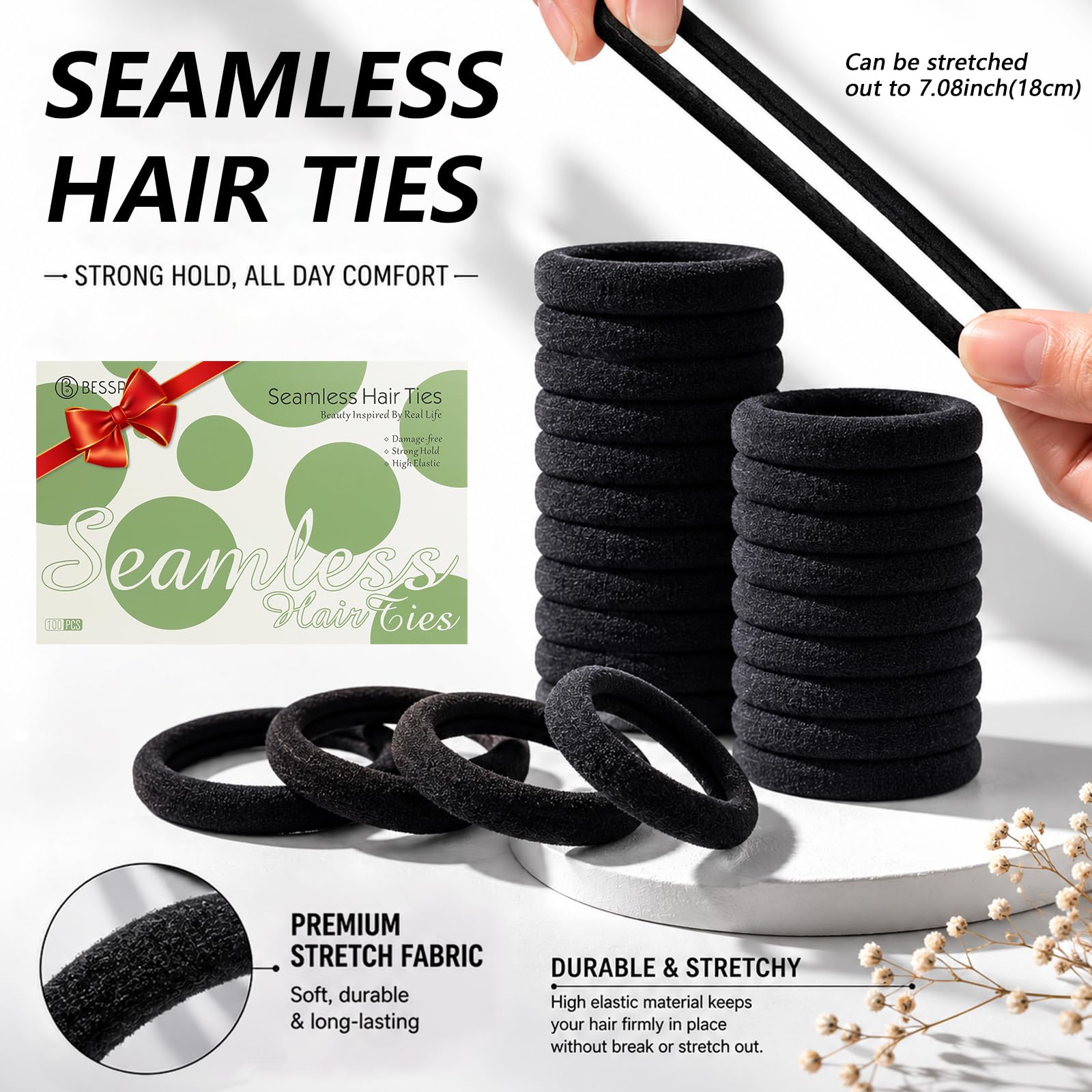 Bessrung tie worn in a high ponytail demonstrating secure all-day hold