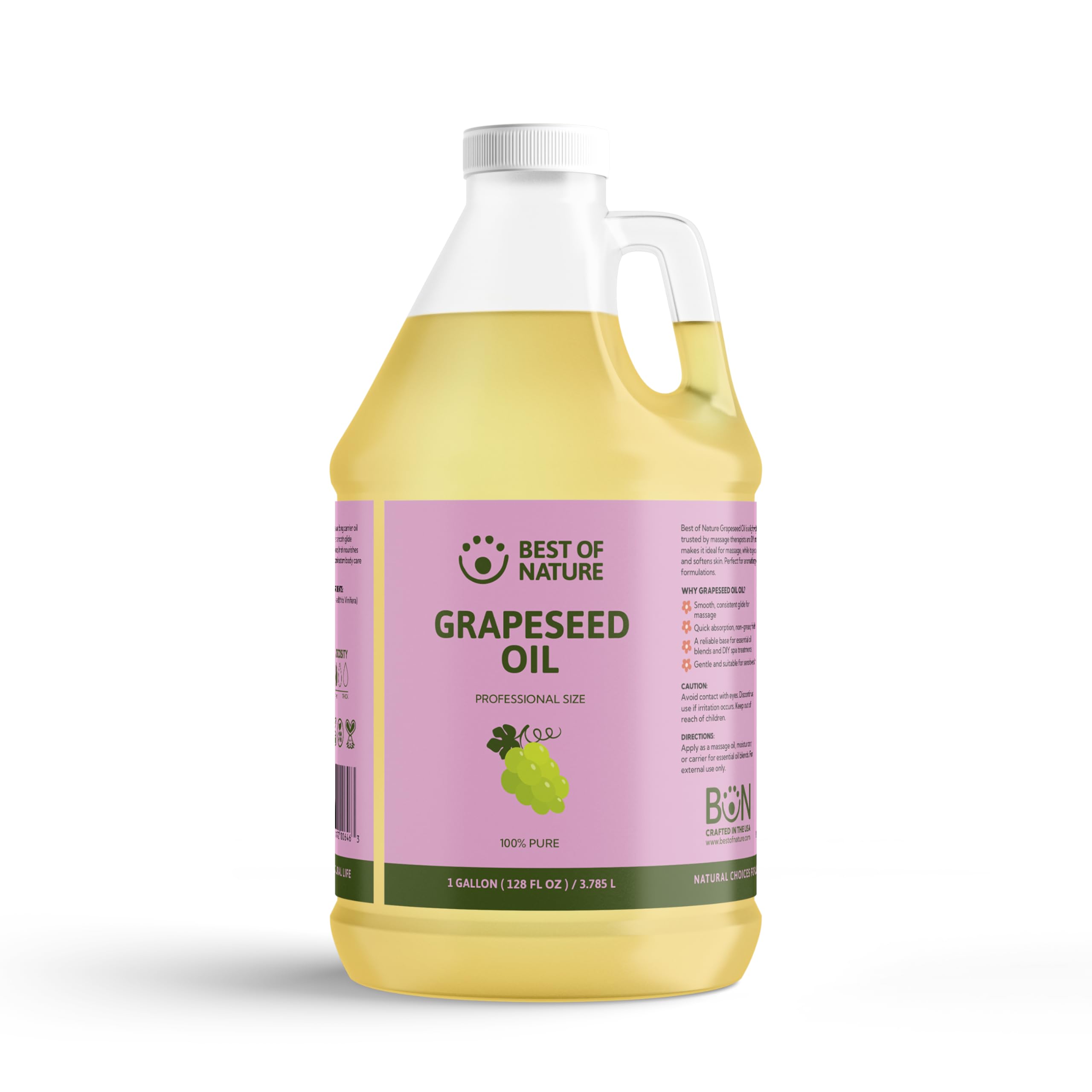 Best of Nature grapeseed oil gallon front label showing product benefits