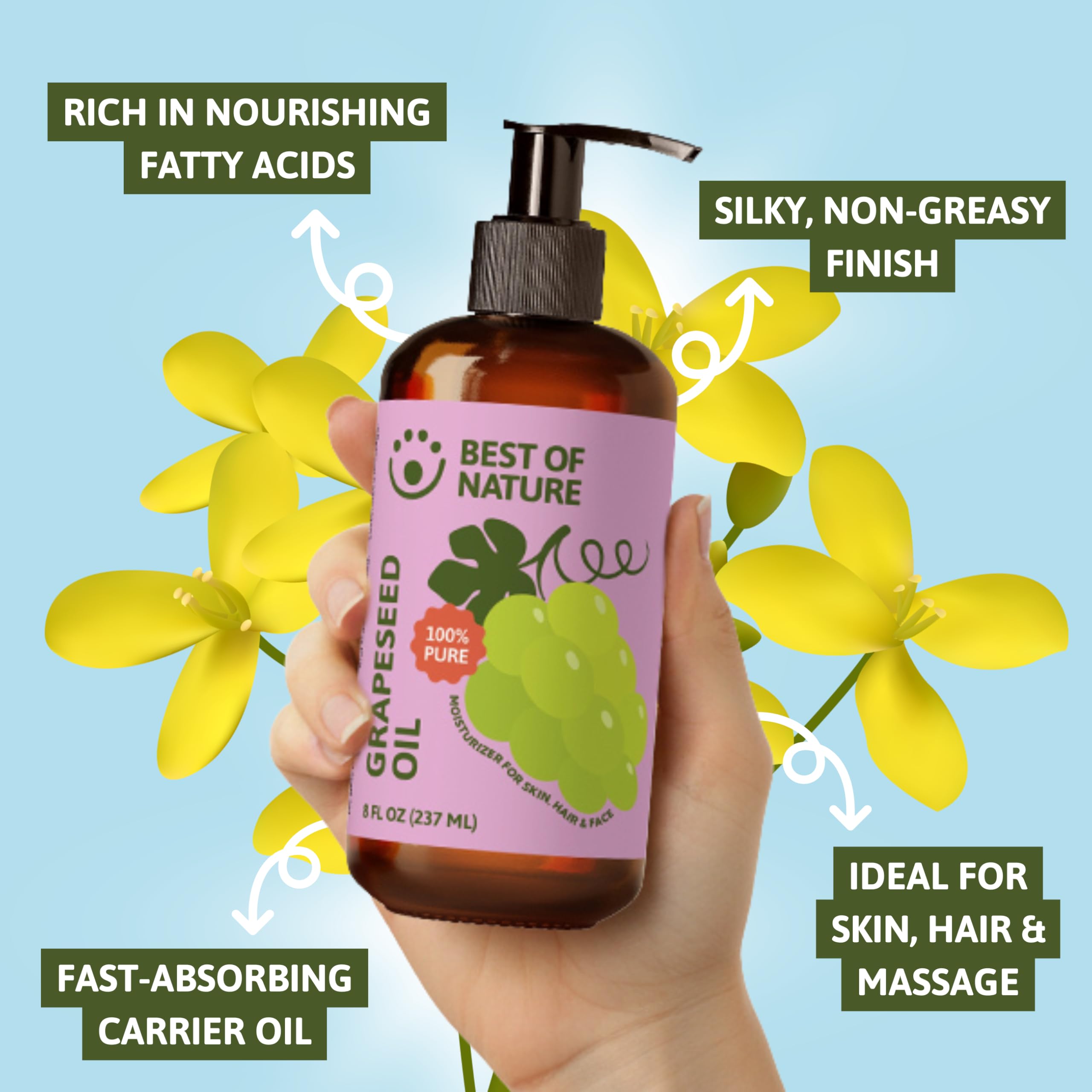 Best of Nature grapeseed oil applied to hands for fast absorption benefit