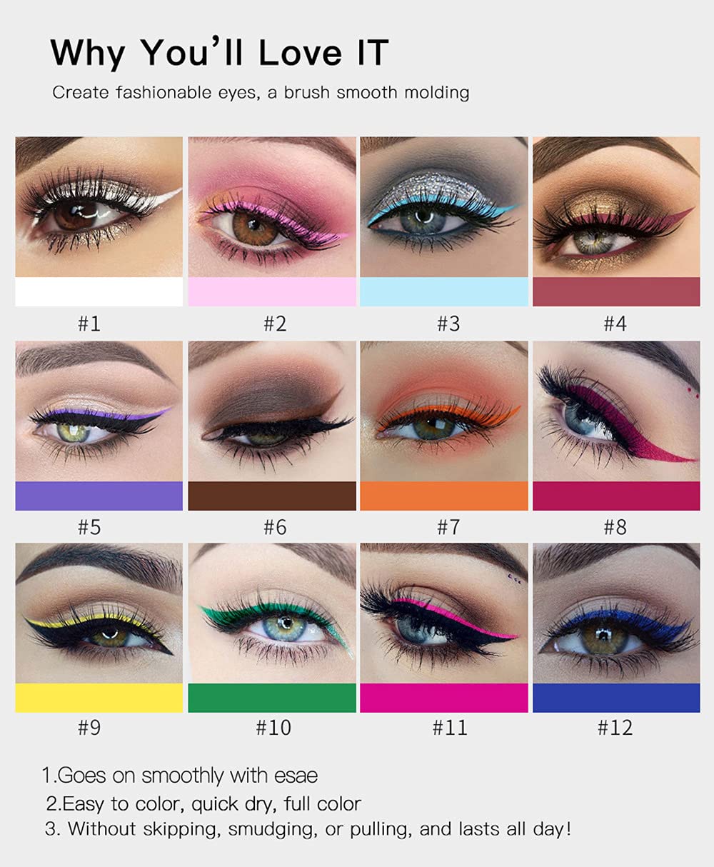 BestLand lineup of twelve colorful matte eyeliners, clear color selection benefit