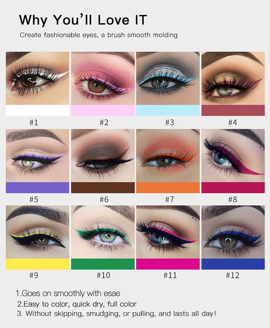 BestLand lineup of twelve colorful matte eyeliners, clear color selection benefit