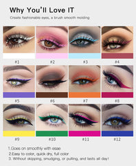 BestLand lineup of twelve colorful matte eyeliners, clear color selection benefit
