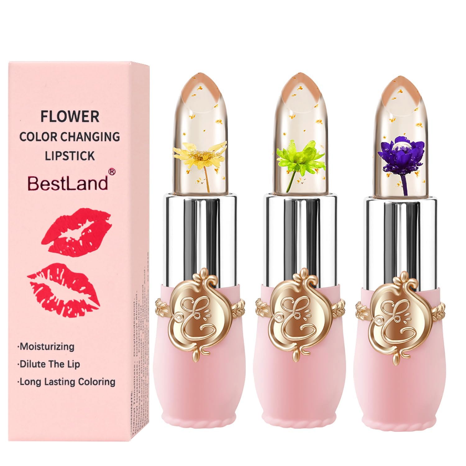 BestLand front packaging showing three floral jelly lipsticks and case, attractive gift-ready