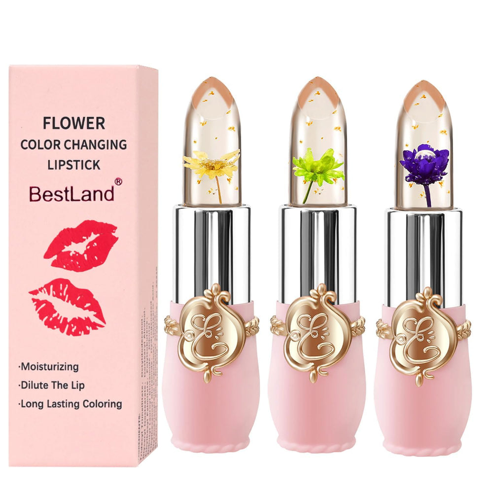 BestLand front packaging showing three floral jelly lipsticks and case, attractive gift-ready