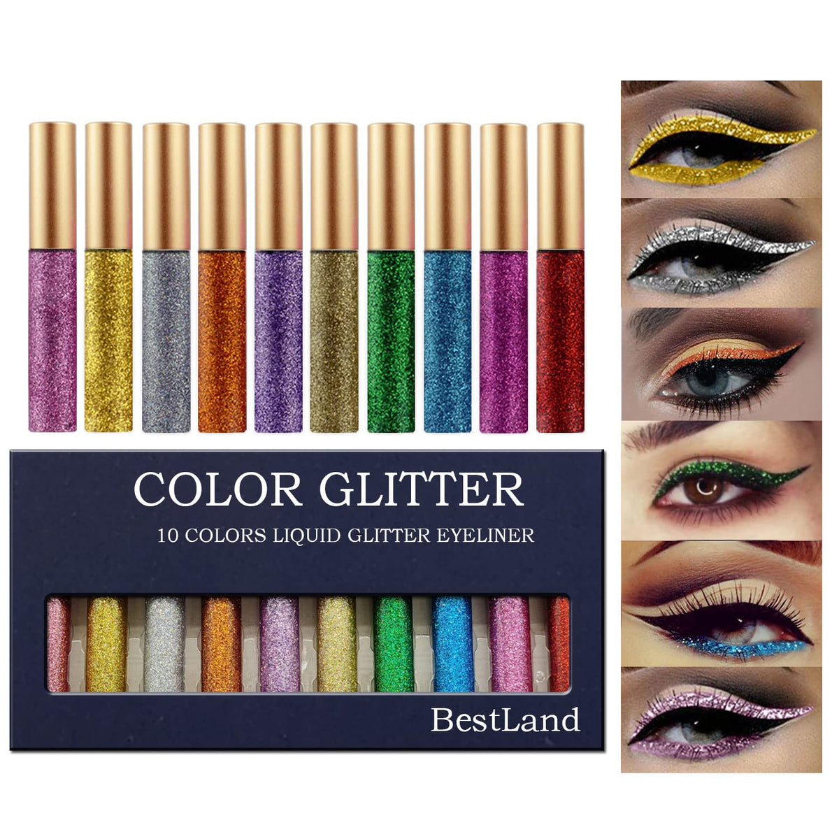 BestLand front packaging showing ten glitter eyeliner tubes and colors for variety