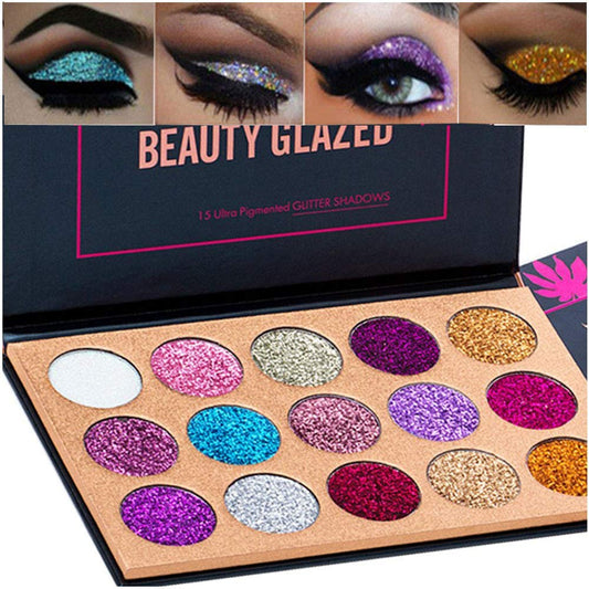 BestLand palette front packaging showing fifteen glitter and shimmer shades for versatile looks