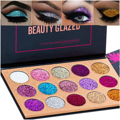 BestLand palette front packaging showing fifteen glitter and shimmer shades for versatile looks