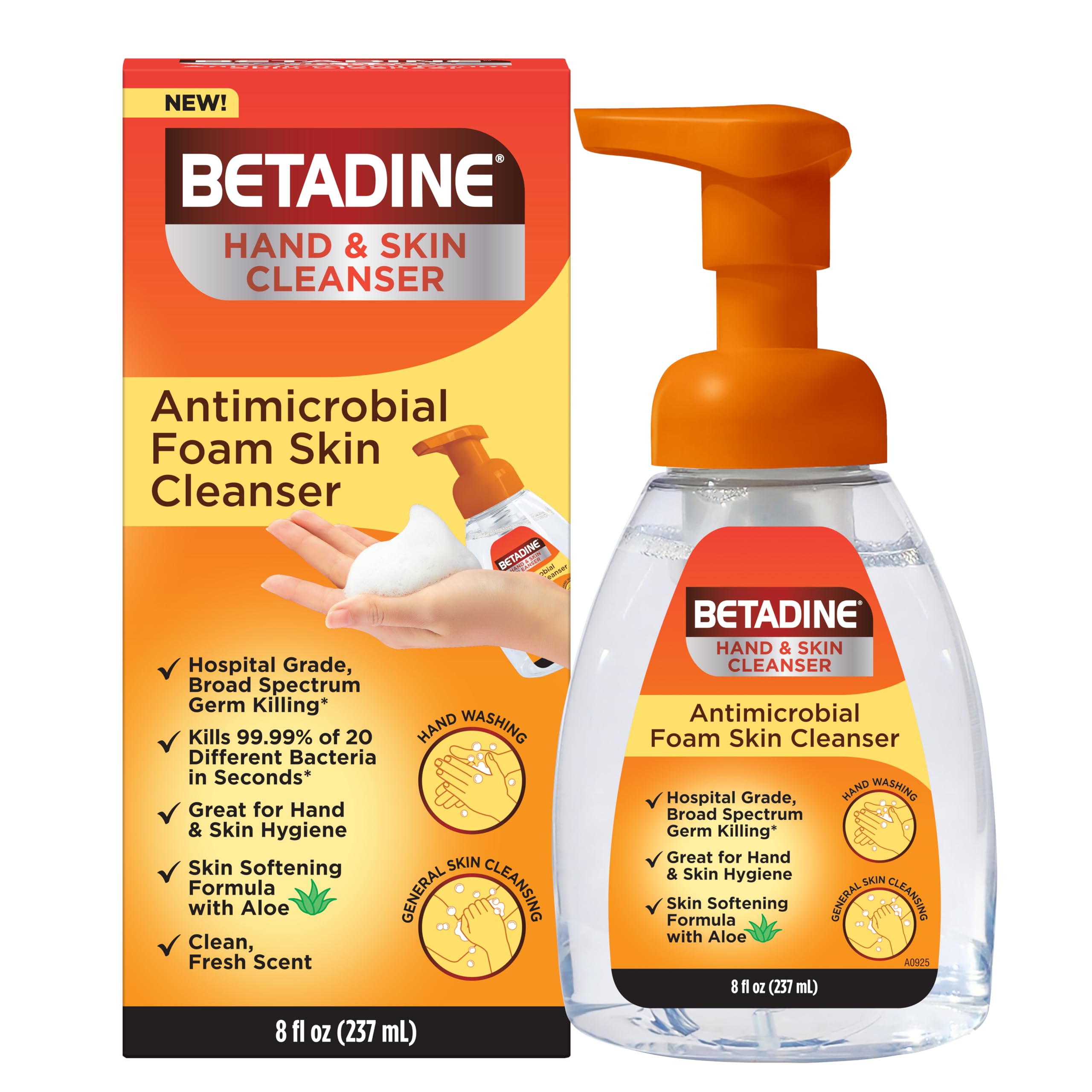 Betadine antiseptic cleansing foam pump front view showing 8oz bottle and branding for quick identification