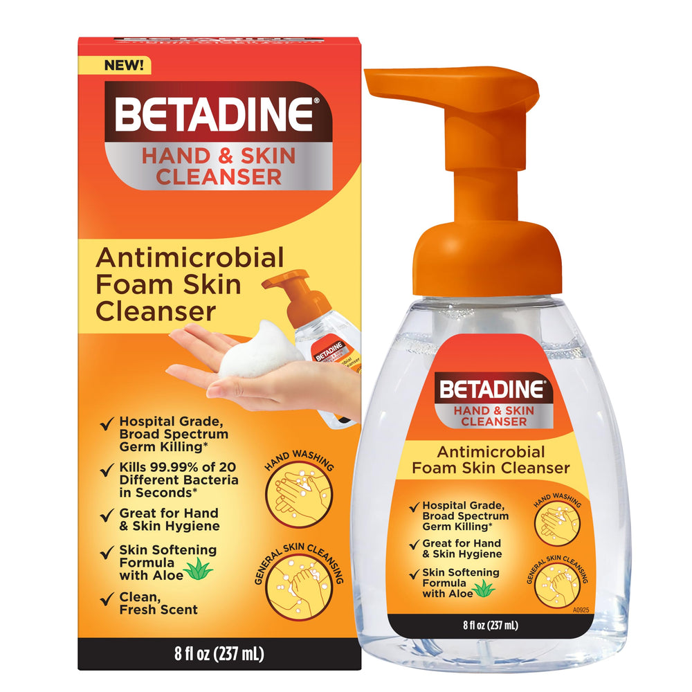 Betadine antiseptic cleansing foam pump front view showing 8oz bottle and branding for quick identification