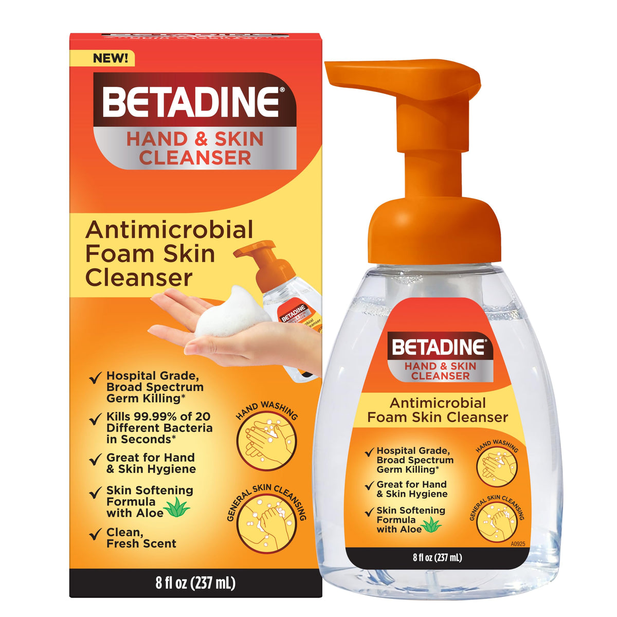 Betadine antiseptic cleansing foam pump front view showing 8oz bottle and branding for quick identification