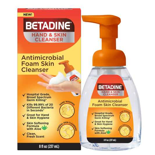 Betadine antiseptic cleansing foam pump front view showing 8oz bottle and branding for quick identification
