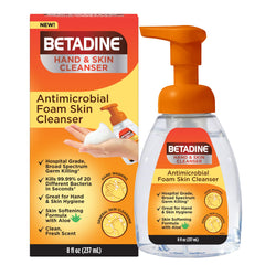 Betadine antiseptic cleansing foam pump front view showing 8oz bottle and branding for quick identification
