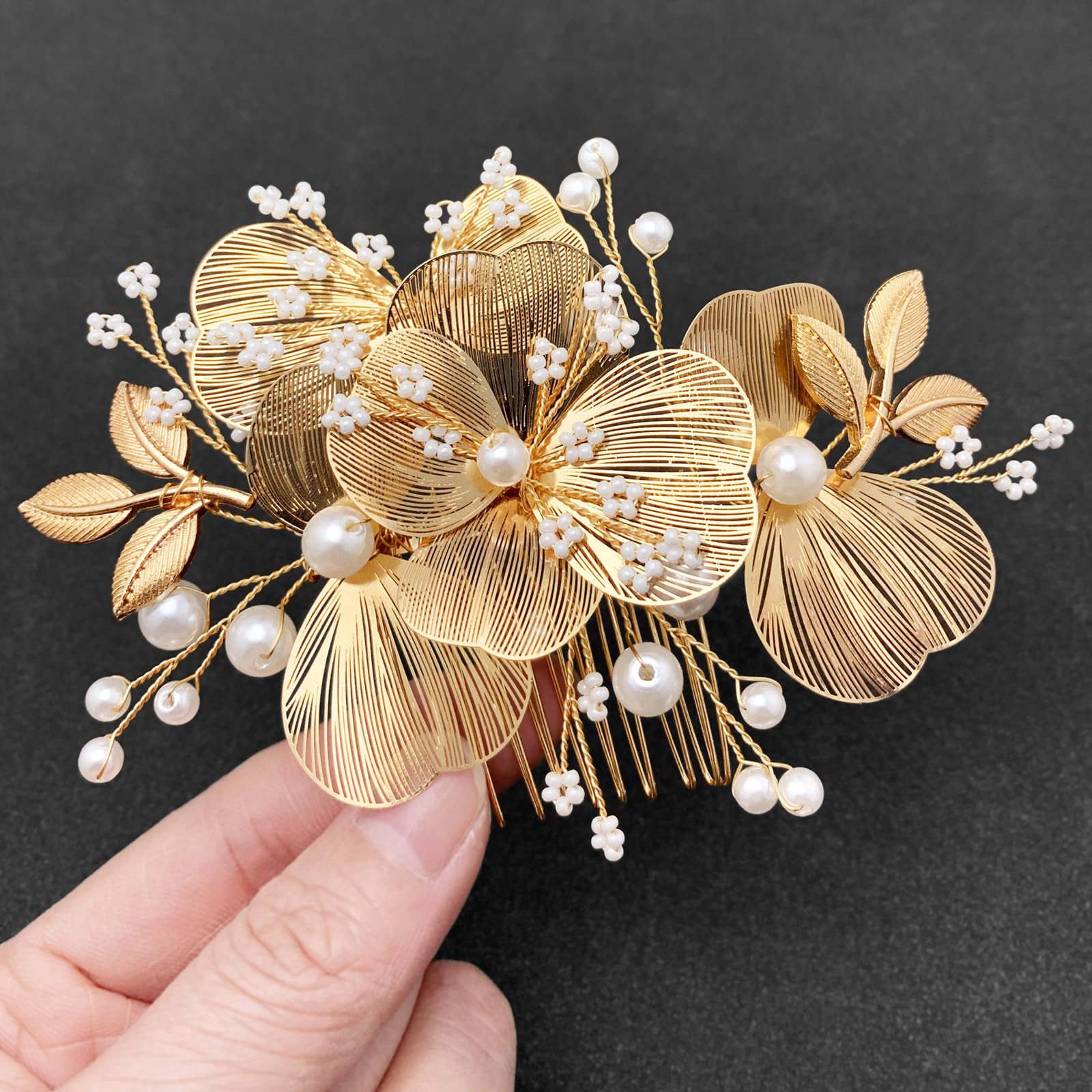 BETITETO front view of gold flower hair comb showing elegant design and secure comb
