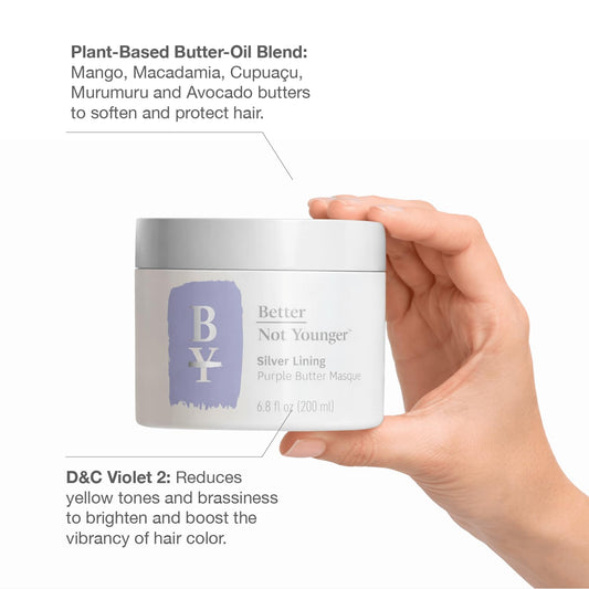 Better Not Younger open jar with creamy purple texture demonstrating rich moisturizing benefit